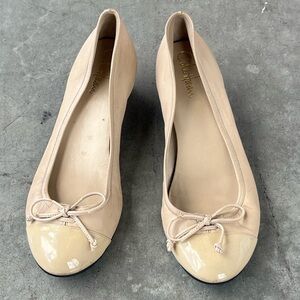 Cole Haan Sz 9 Air Tali Lace Wedge Sandstone Patent Leather Bow Cap Toe Shoe